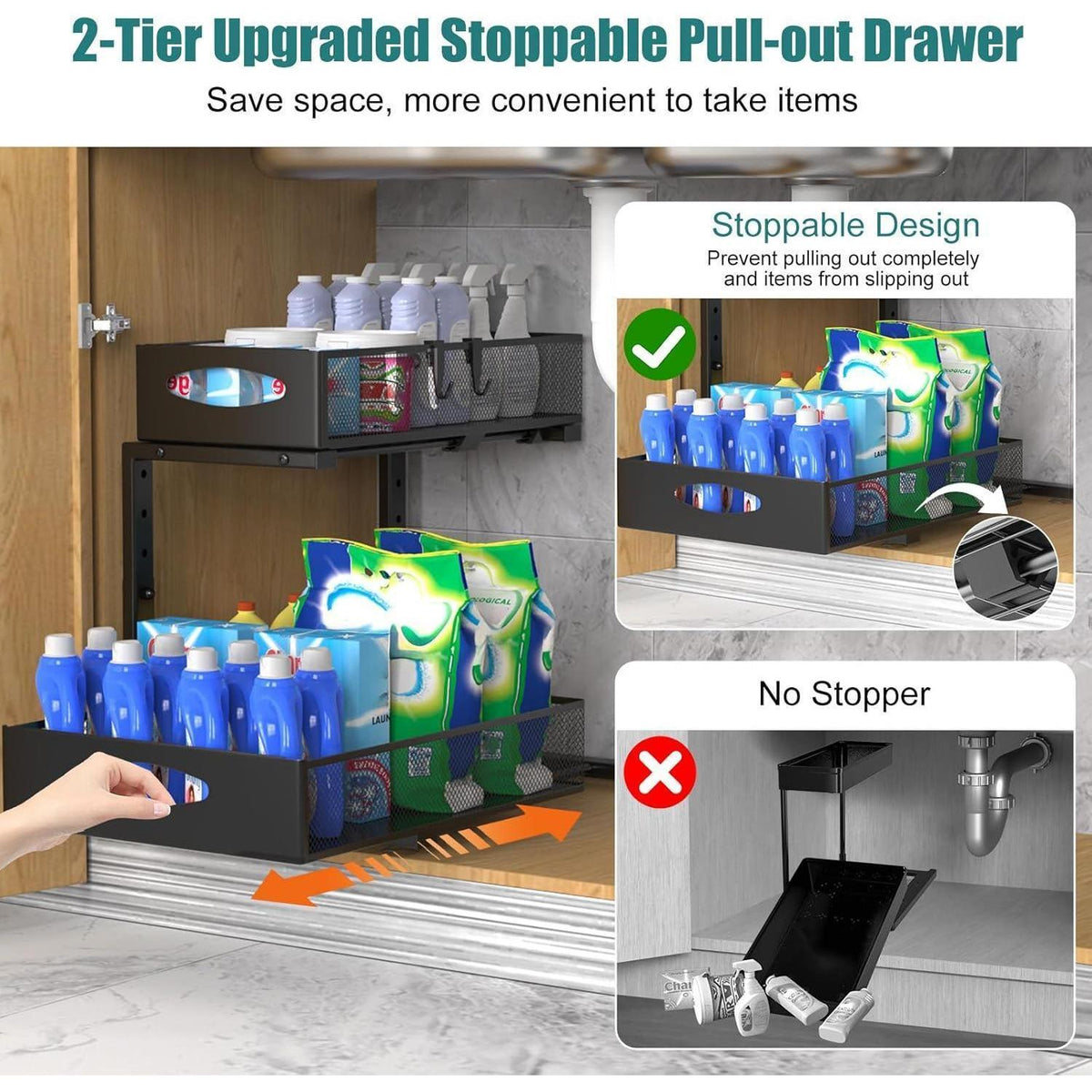 Ausziehbarer Spülschrank Organizer, 2 Etagen, Schwarz, 31cm Breit