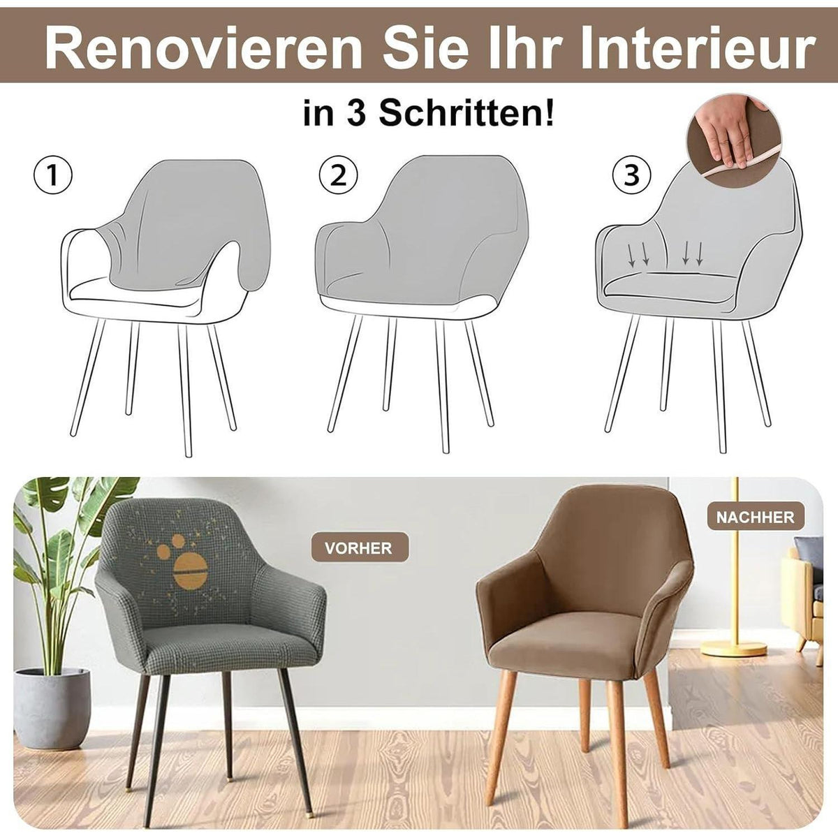 Stretch Stuhlhussen 6er Set – Sesselbezug Kamel