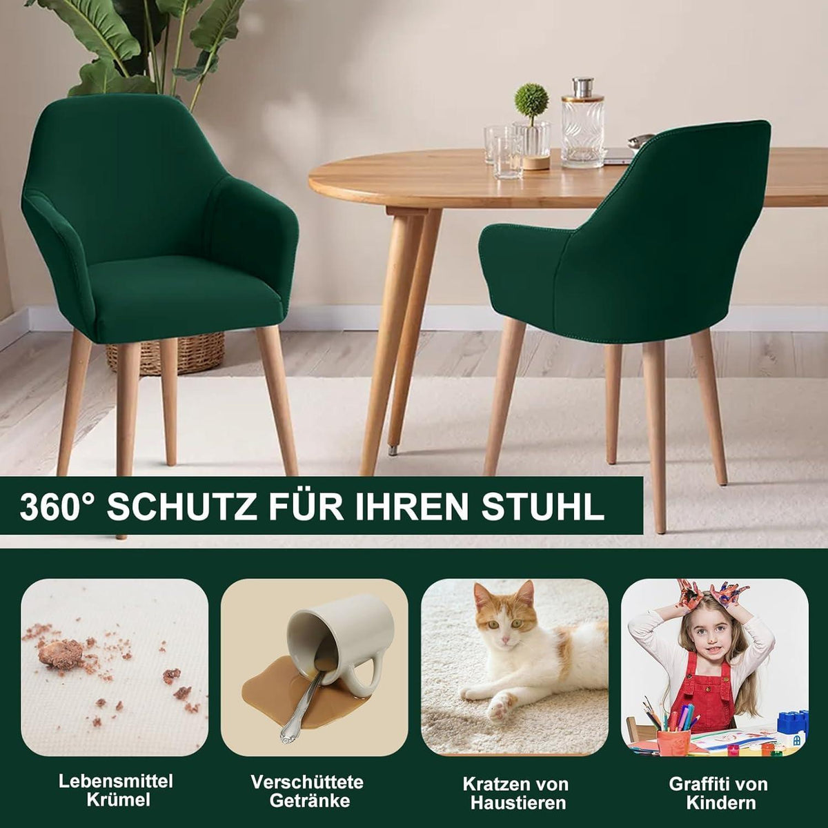 Stretch Stuhlhussen 6er Set – Grün, Abnehmbar & Waschbar
