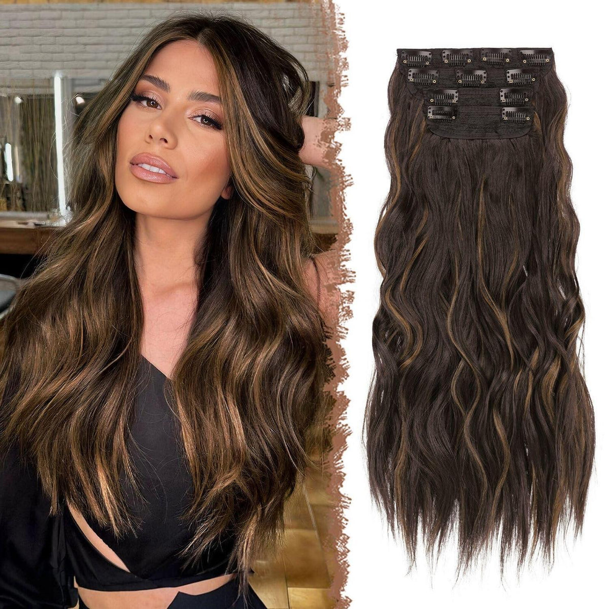 Clip-in Haarverlängerung Wellig Schwarz Braun Gemischt 50cm