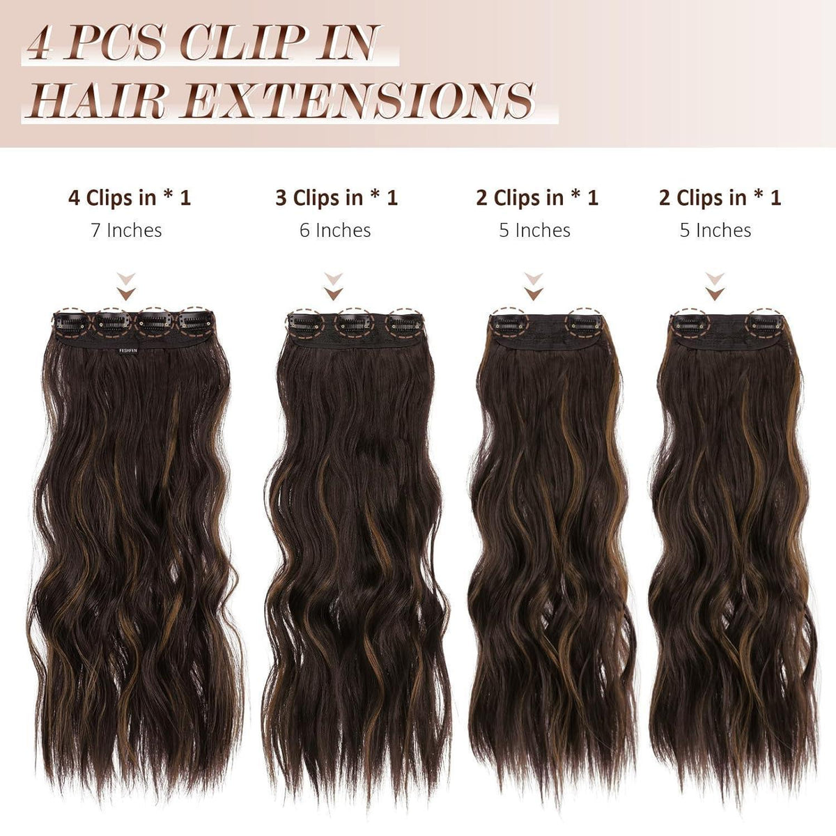 Clip-in Haarverlängerung Wellig Schwarz Braun Gemischt 50cm
