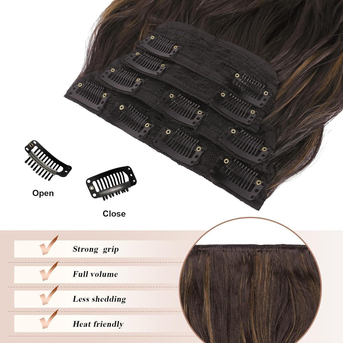 Clip-in Haarverlängerung Wellig Schwarz Braun Gemischt 50cm