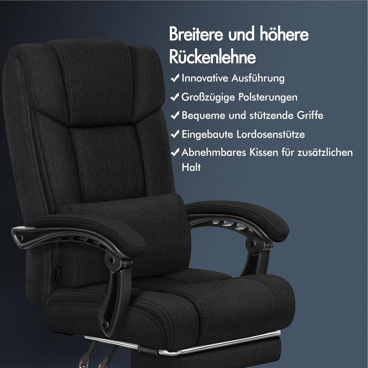 Ergonomischer Bürostuhl mit Hochlehner und Fußstütze, Schwarz