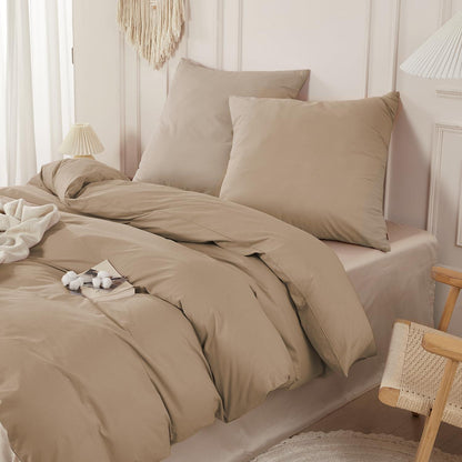 3tlg. Bettwäsche-Set 200x220 cm, Khaki Baumwolle, Washed Leinen Optik