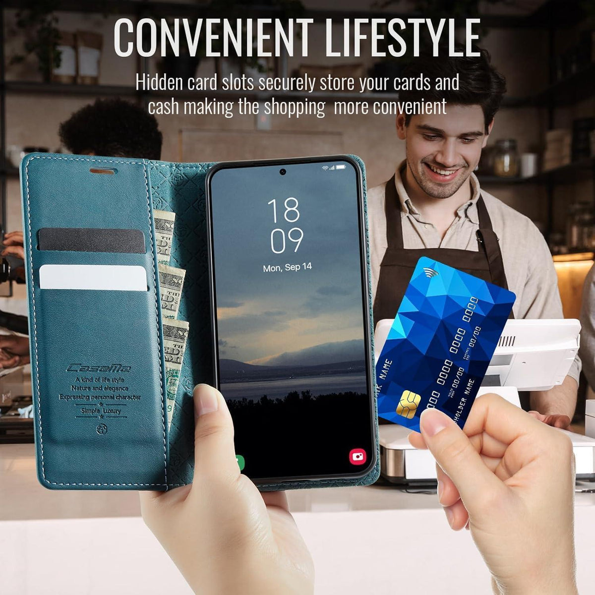 Handyhülle Klapphülle mit Kartenfach & RFID für Samsung Galaxy S22 5G Blaugrün in Lederoptik