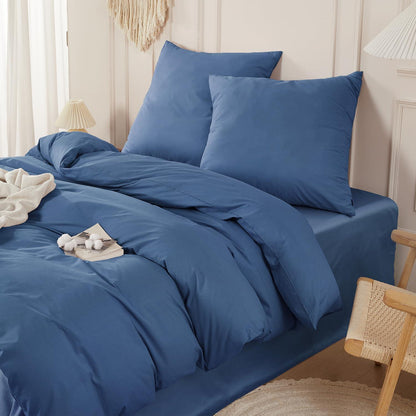 3tlg. Marineblau Bettwäsche-Set 200x220cm, Washed Baumwolle