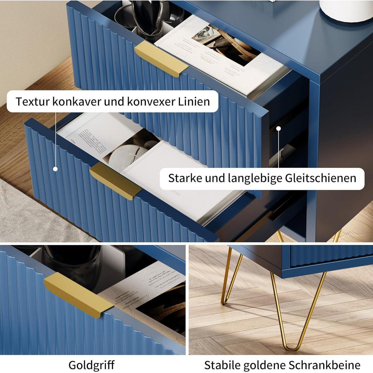 Nachttisch 2er Set Weiß mit Schubladen & Metallfüßen