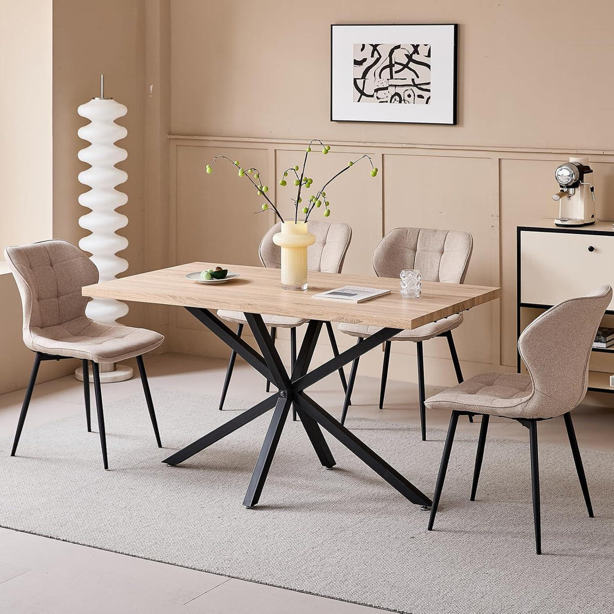 Moderner Esszimmerstuhl Set aus Leinen mit Metallbeinen – Khaki