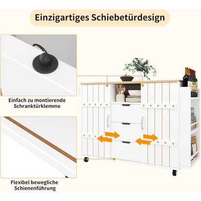 Klappbarer Küchenwagen mit Schiebetüren & Schubladen (Weiß)