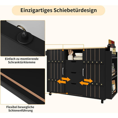 Klappbarer Küchenwagen mit Schiebetüren & Schubladen (Schwarz)