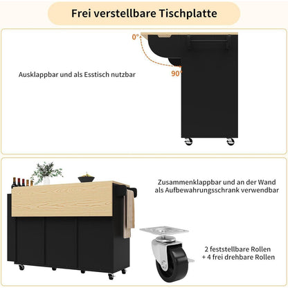 Klappbarer Küchenwagen mit Schiebetüren & Schubladen (Schwarz)