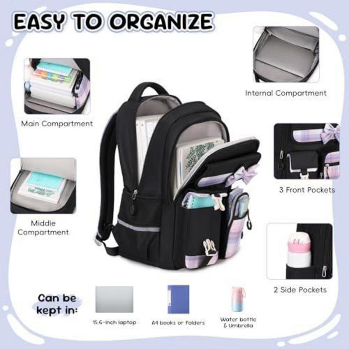 Schulrucksack Mädchen Set 3-tlg. – Schwarz, 3. bis 5. Klasse