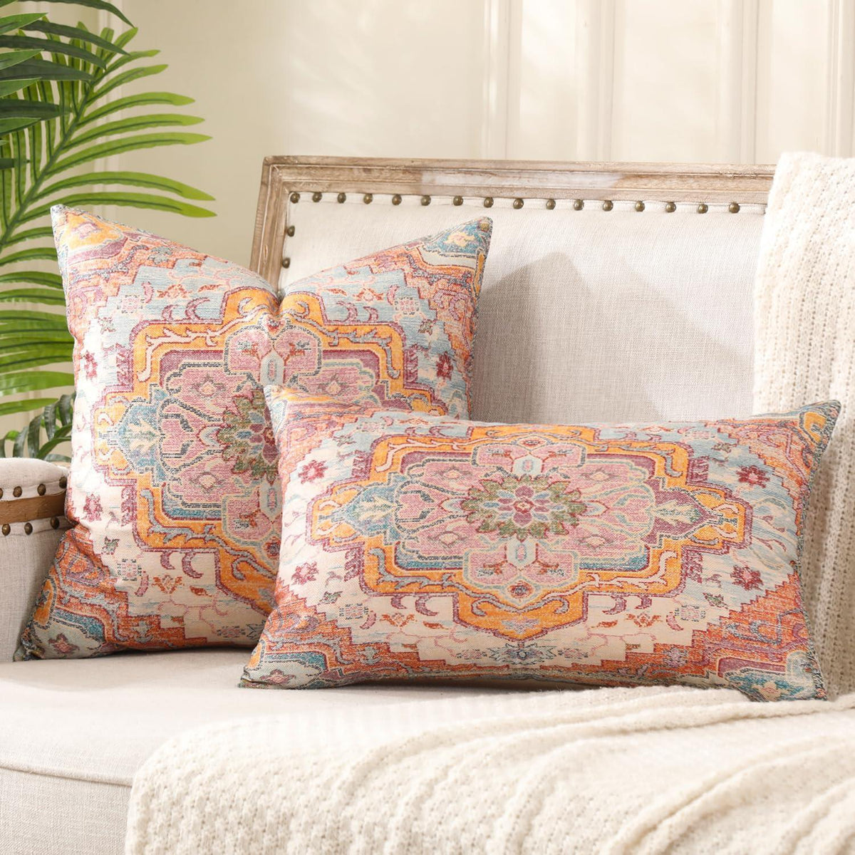 2 Boho Kissenbezüge Orange 45x45 cm - Blumenmuster & Vintage Stil