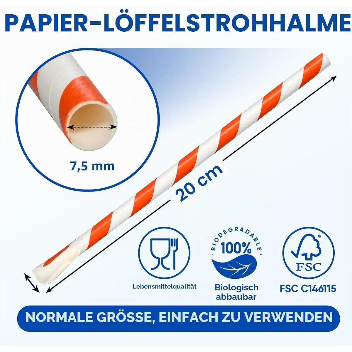 Papierstrohhalme mit Löffel – Bunte Streifen, 1200er Pack