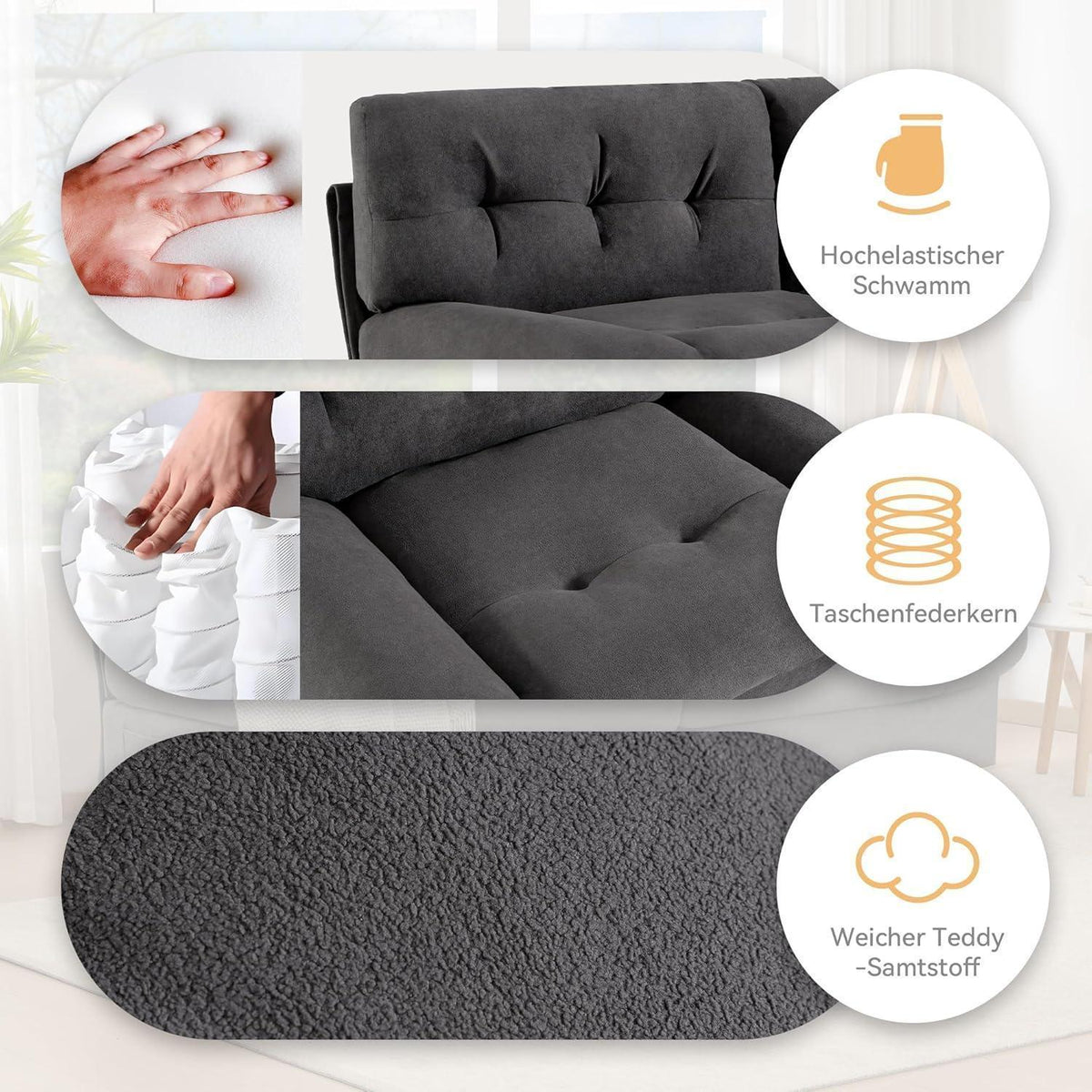 Wolkensofa Grau, 2-Sitzer mit Teddy-Samt & Seitentaschen