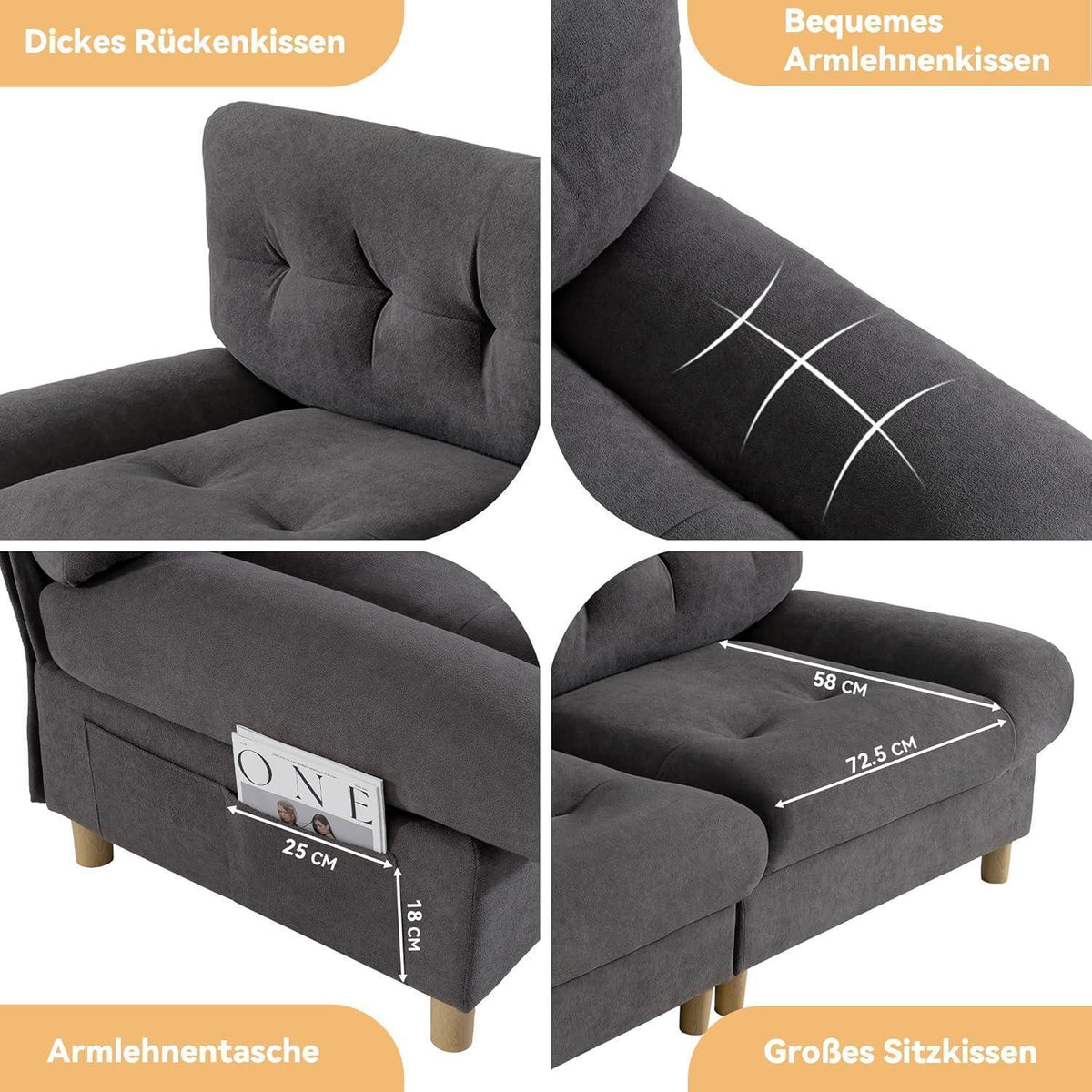 Wolkensofa Grau, 2-Sitzer mit Teddy-Samt & Seitentaschen