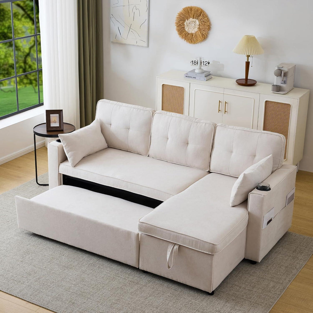 Ecksofa mit Schlaffunktion & Bettkasten, Beige