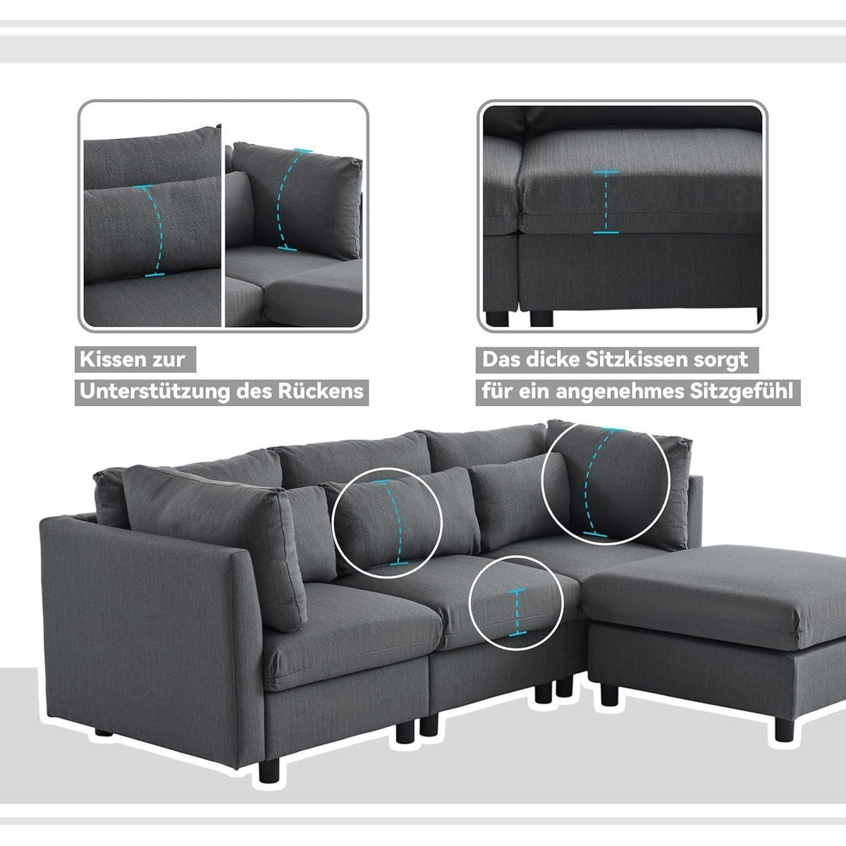Graues Ecksofa 220cm mit Fußhocker & Lendenkissen