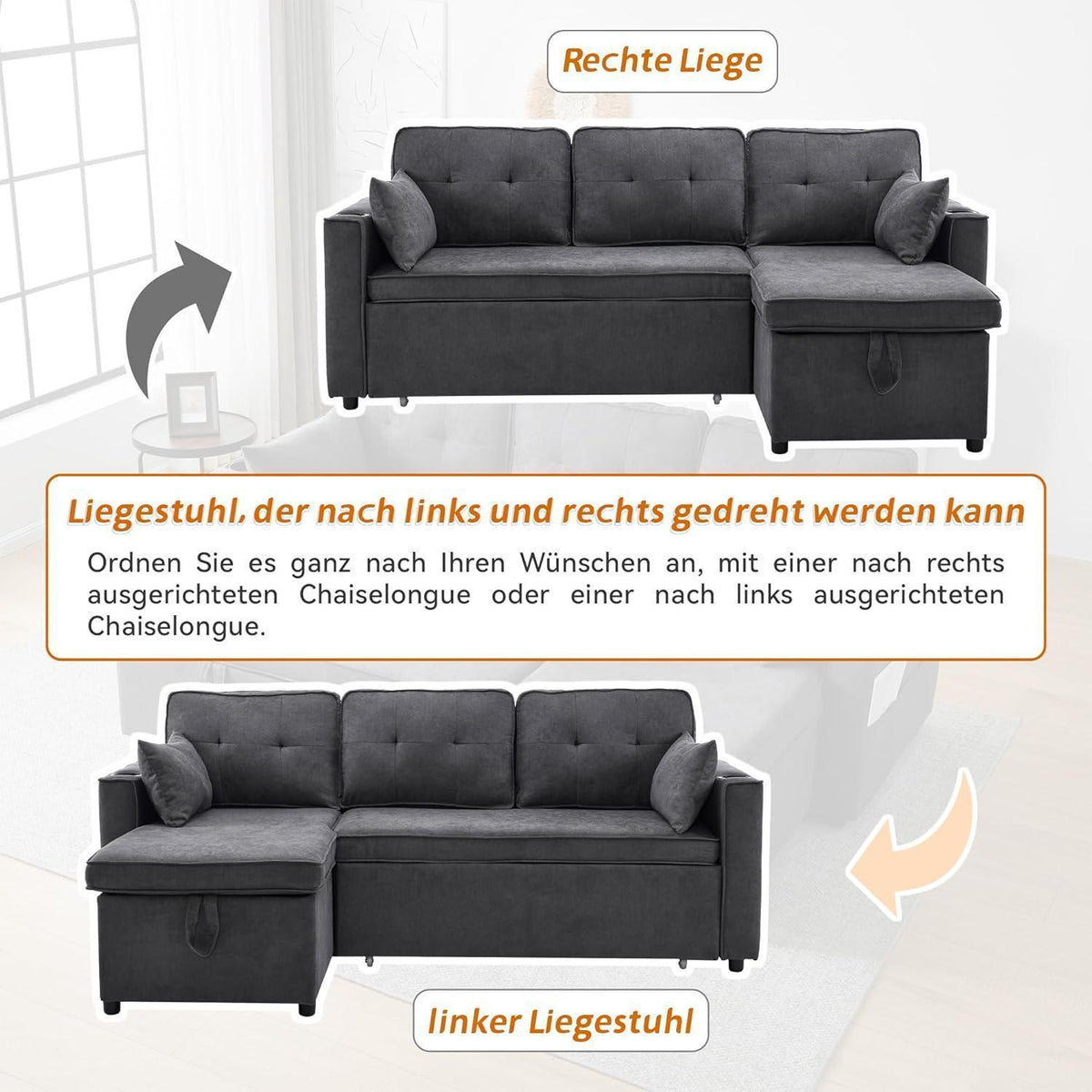 Graues Ecksofa mit Schlaffunktion & Bettkasten