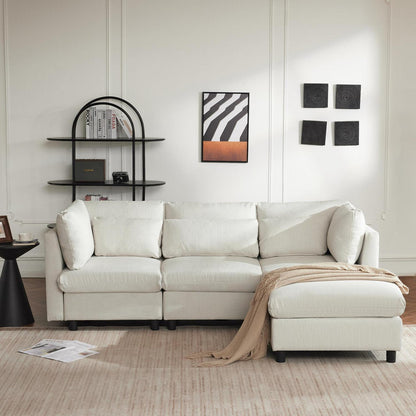 Ecksofa 220cm mit Fußhocker – Bequemes L-Form Sofa in Beige