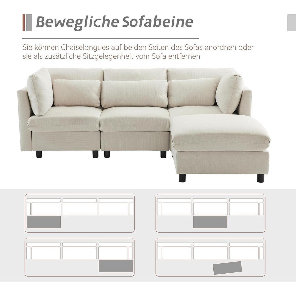 Ecksofa 220cm mit Fußhocker – Bequemes L-Form Sofa in Beige