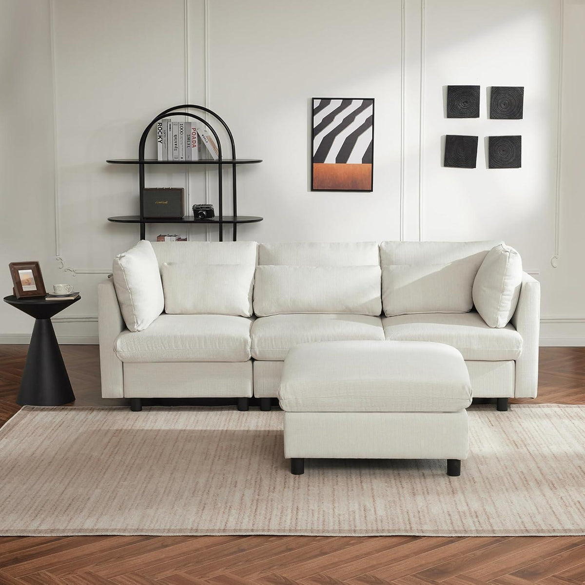 Ecksofa 220cm mit Fußhocker – Bequemes L-Form Sofa in Beige