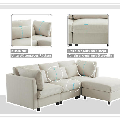 Ecksofa 220cm mit Fußhocker – Bequemes L-Form Sofa in Beige