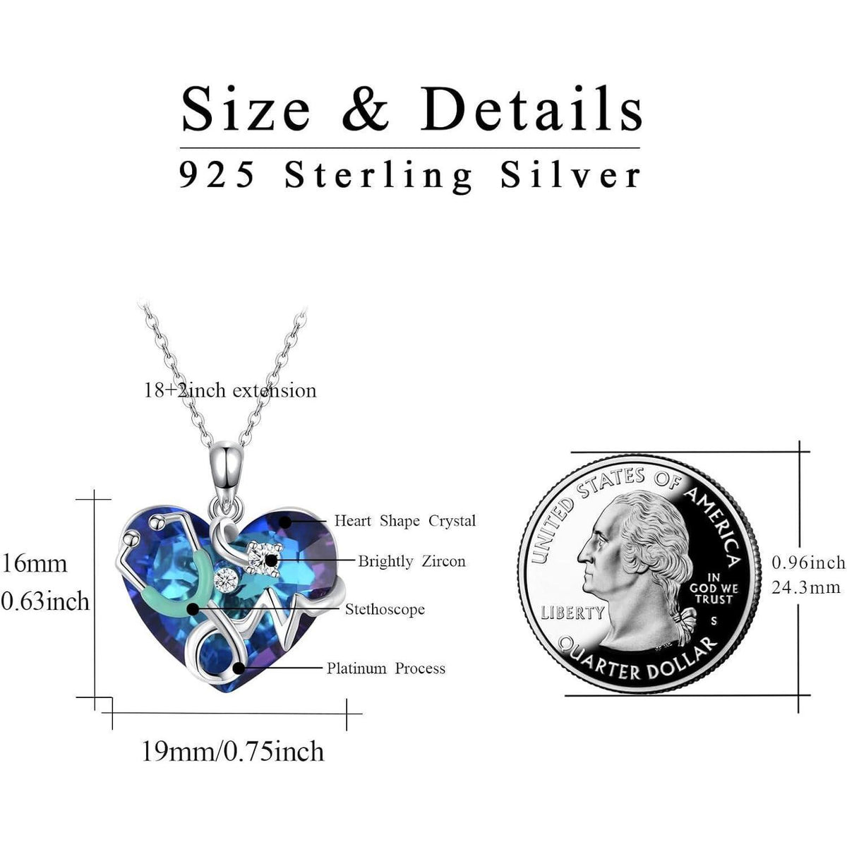 925 Sterling Silber Stethoskop Halskette mit blauem Kristall