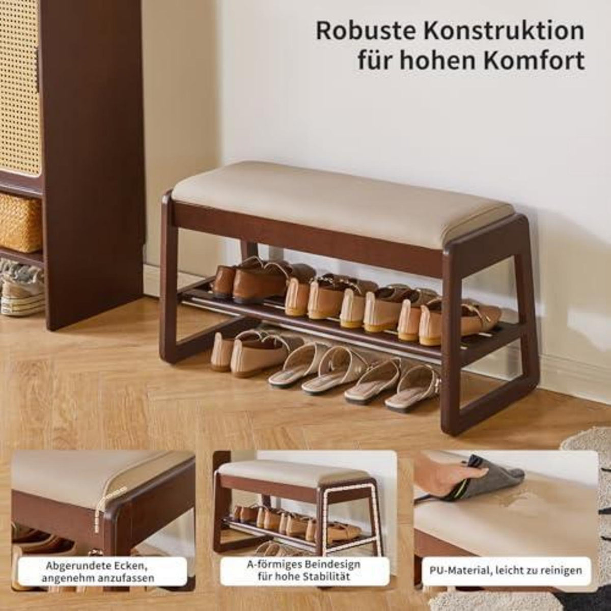 Massivholz Schuhbank mit Stauraum & Sitzkissen – 80cm Walnuss
