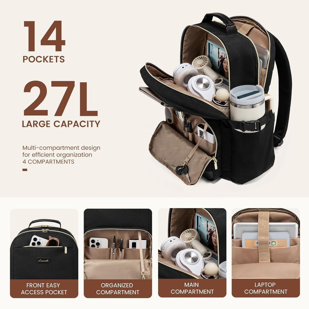 Damen Rucksack 17,3 Zoll Laptop Schulrucksack für Uni & Reise Schwarz