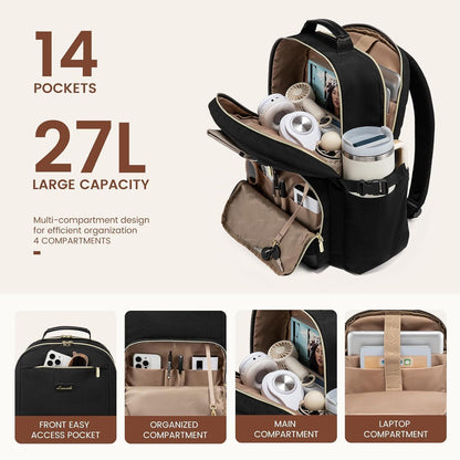Damen Rucksack 17,3 Zoll Laptop Schulrucksack für Uni & Reise Schwarz