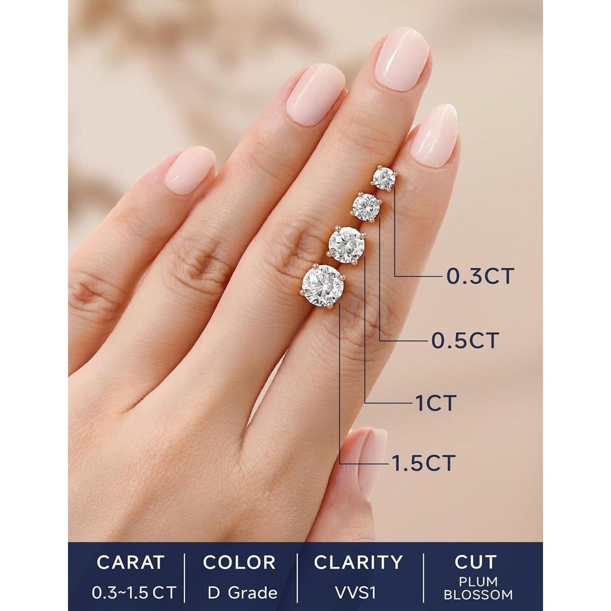 Moissanit Ohrstecker 585 Roségold 3 Karat 7,5mm 4-Krappenfassung