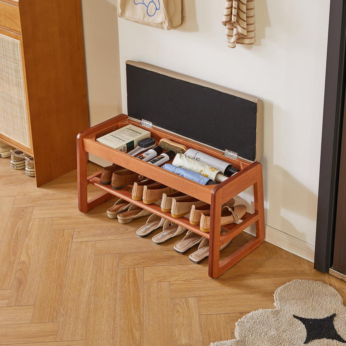 Holz Schuhbank mit Klappdeckel & Sitzbank – 80cm Kirschholz