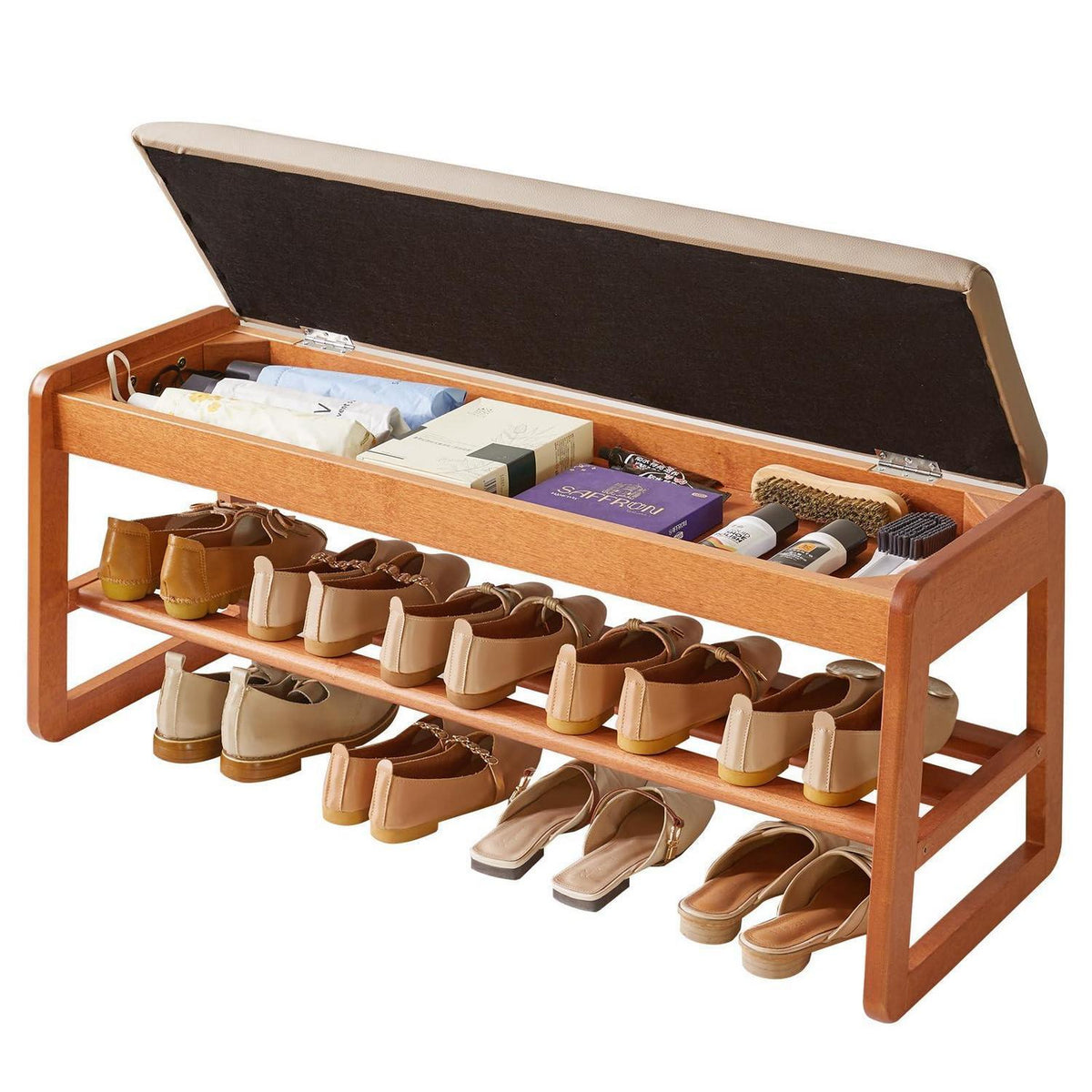Schuhbank mit Kissen & Stauraum – 100cm Kirschholz
