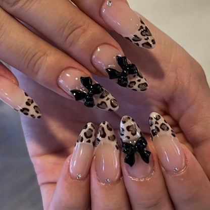 Leopard Nägel Mandel mit Schleife – French Gel Nägel zum Aufkleben
