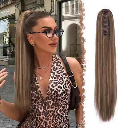 Langer Pferdeschwanz mit Clip & Band – 63cm Honigblond/Hellbraun