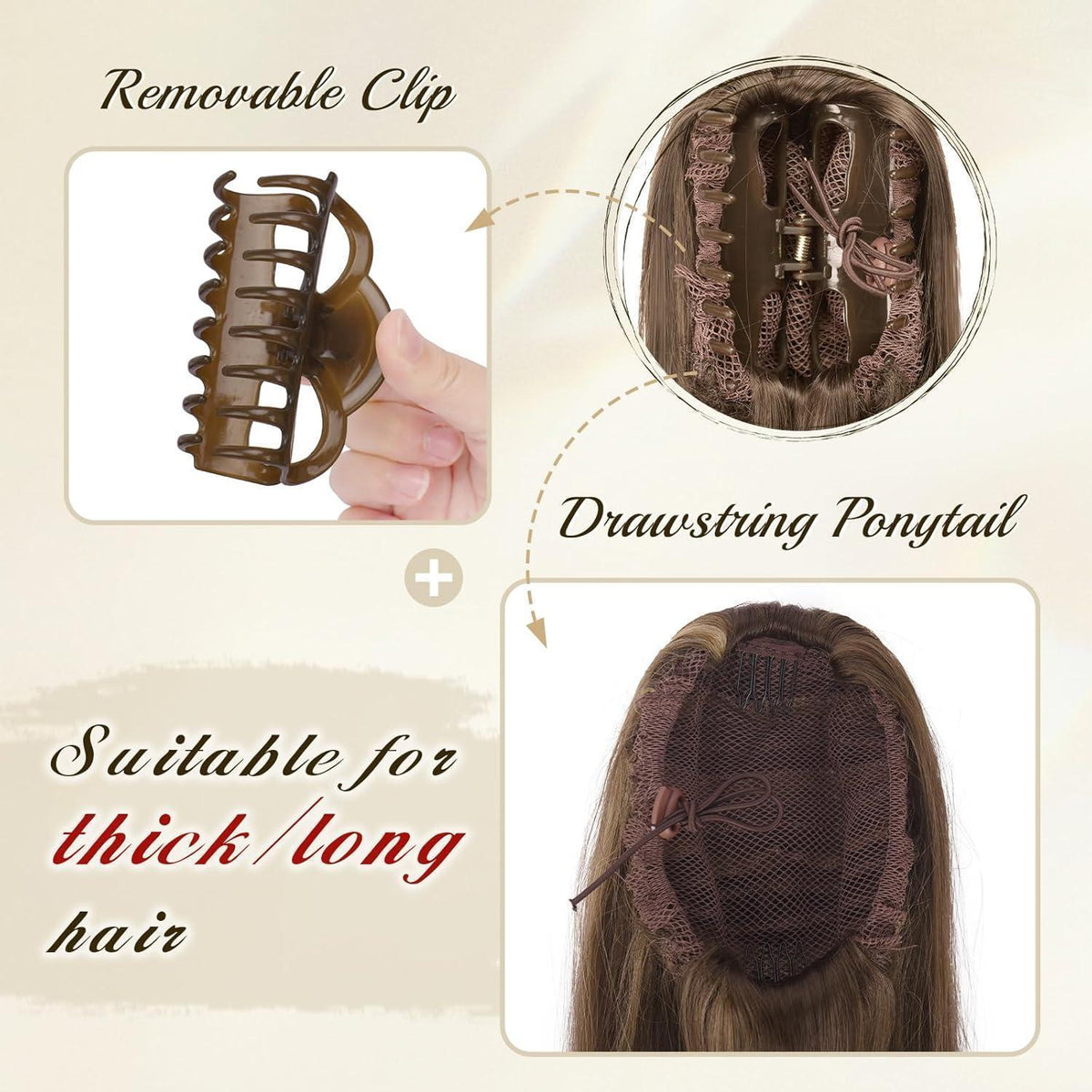 Langer Pferdeschwanz mit Clip & Band – 63cm Honigblond/Hellbraun