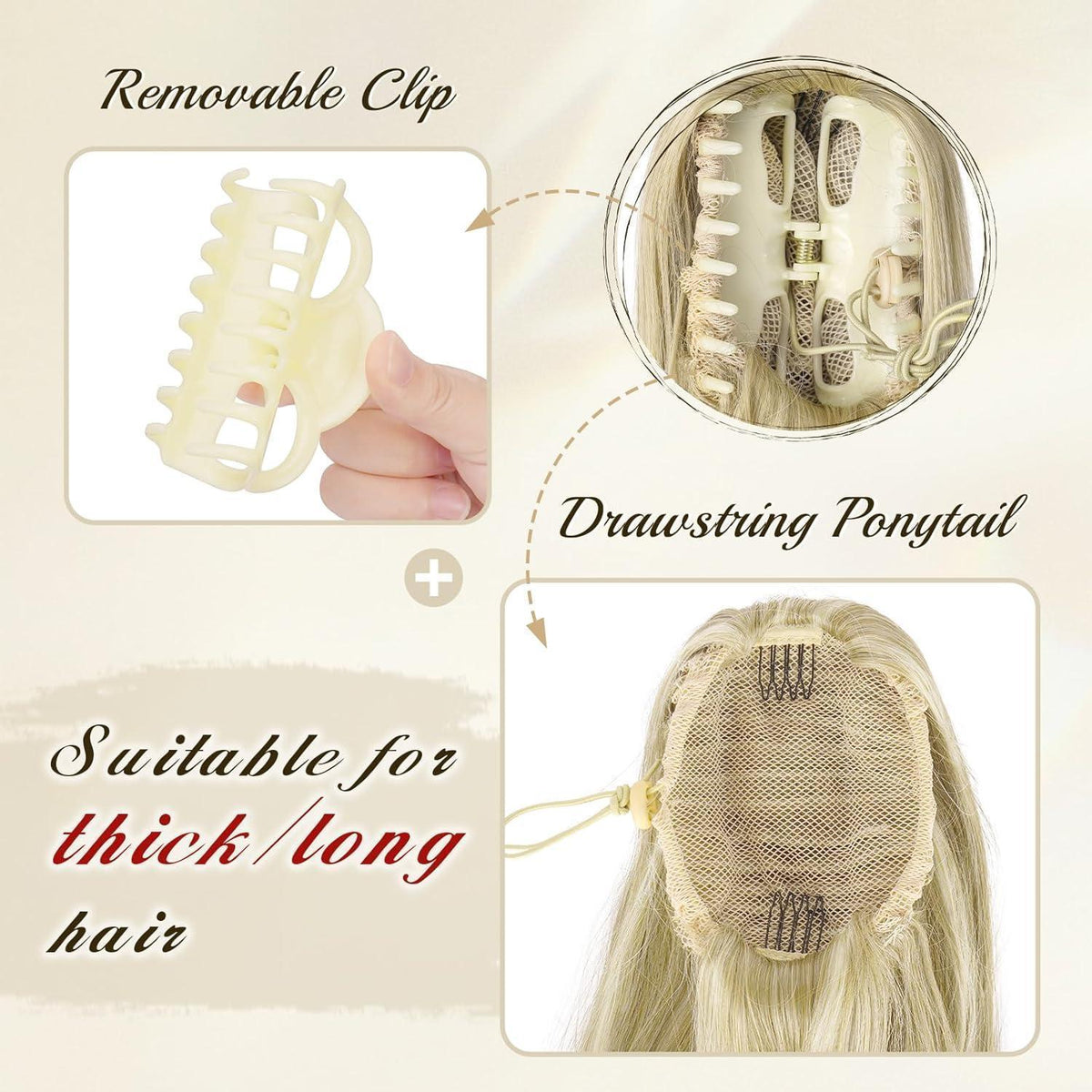 Langer Pferdeschwanz mit Clip & Band – Schmutziges Blond 63cm