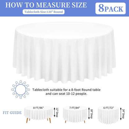 8x Runde Tischdecke Weiß 300cm – Polyester, Knitterfrei