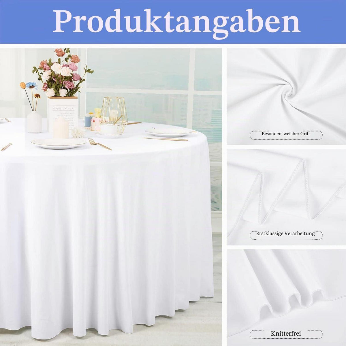 8x Runde Tischdecke Weiß 300cm – Polyester, Knitterfrei