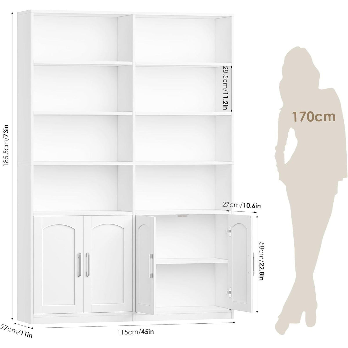 Bücherregal mit Türen & Fächern – Weiß, 185,5 cm hoch