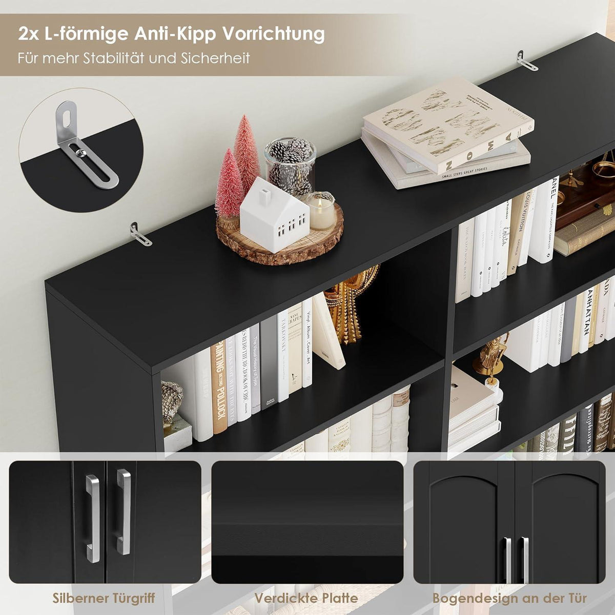 Bücherregal mit Türen & Fächern – Hochschrank 185,5 cm Schwarz