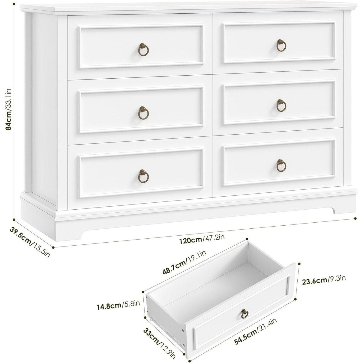Kommode 6 Schubladen Weiß | 120cm Schubladenschrank für Schlafzimmer