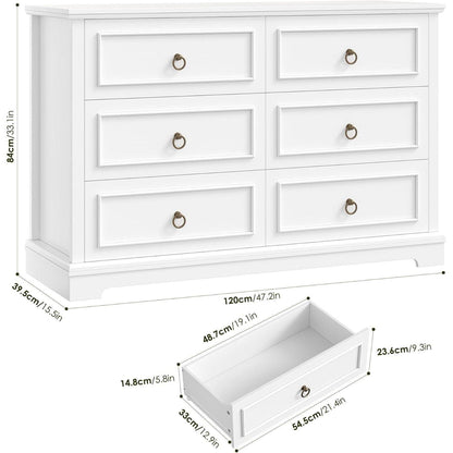 Kommode 6 Schubladen Weiß | 120cm Schubladenschrank für Schlafzimmer