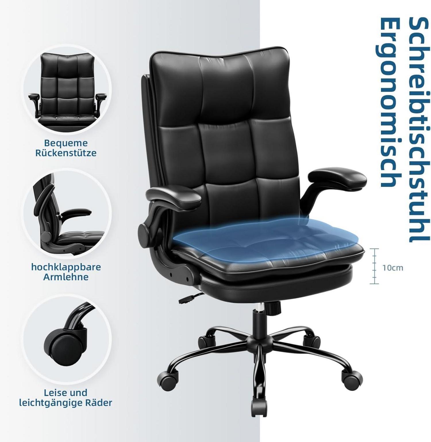 Ergonomischer Bürostuhl Schwarz | Kratzfestes Leder | Hochklappbare