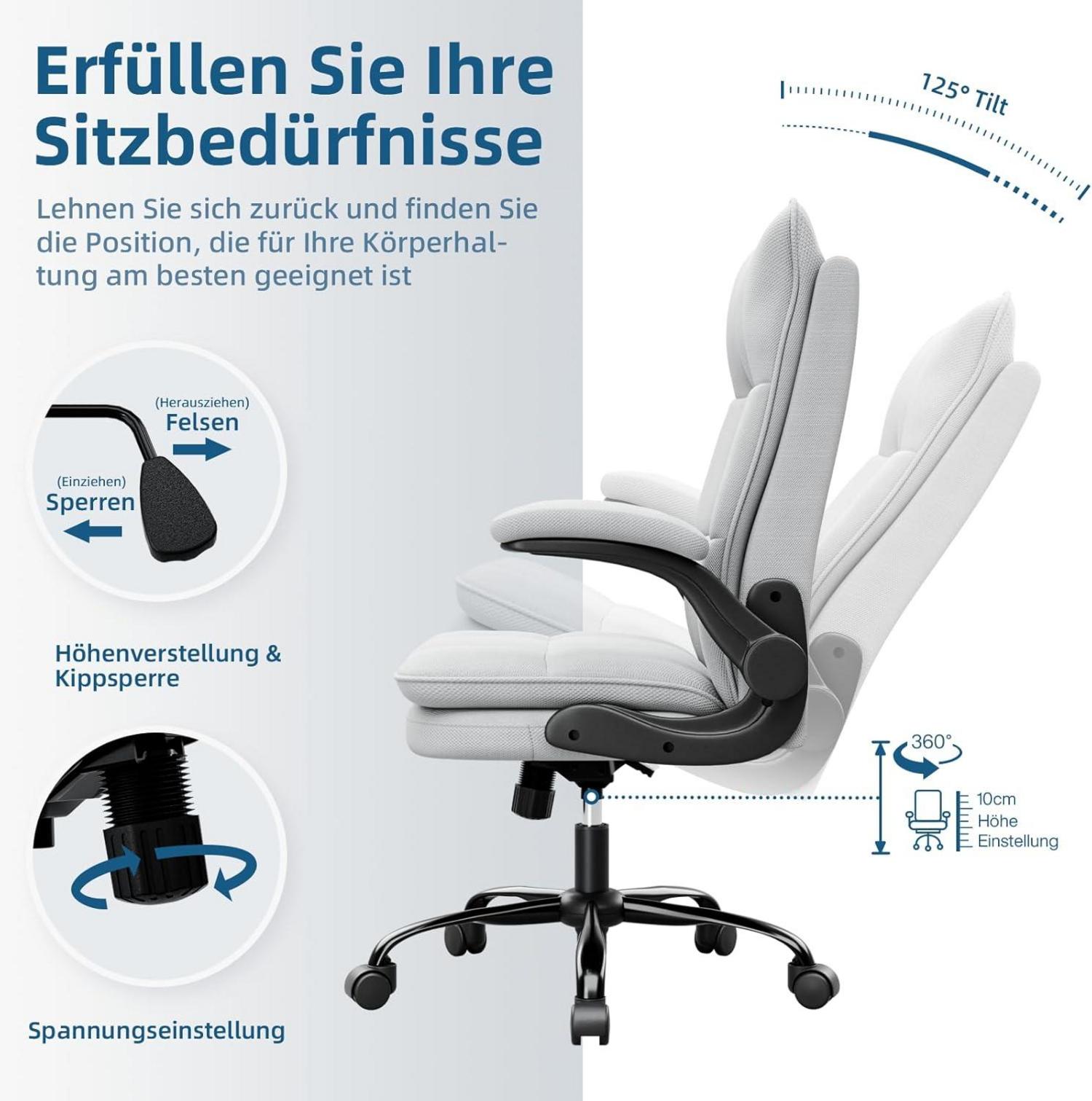 Bürostuhl Ergonomisch Hohe Rückenlehne Wippfunktion 150 kg Grau