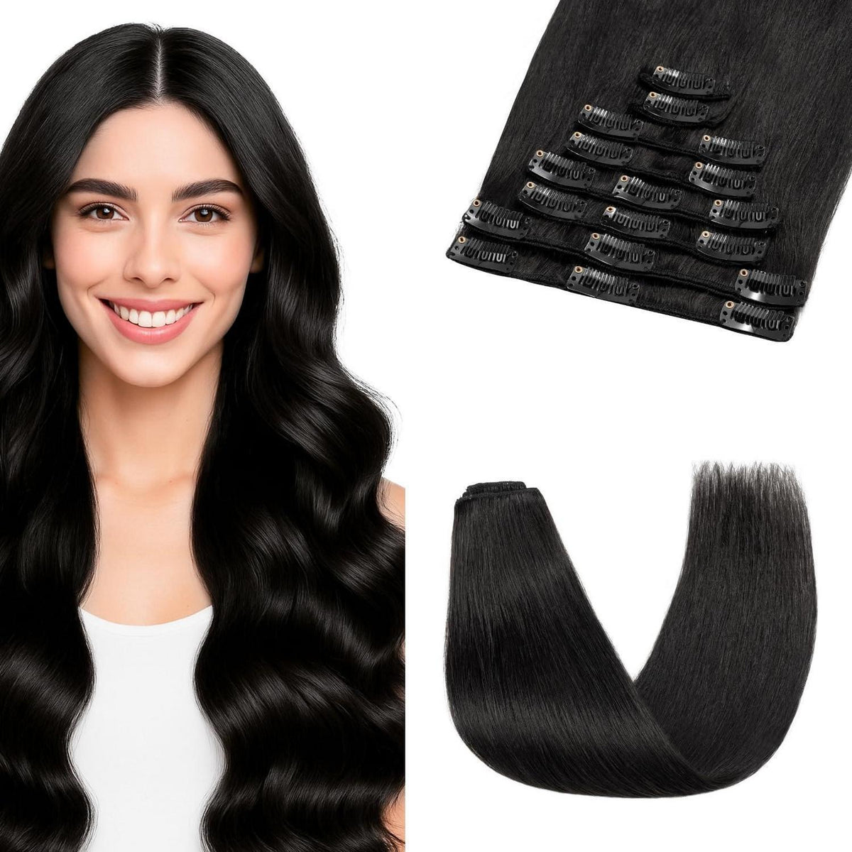 Echthaar Clip-In Extensions Schwarz #01 - 22 Zoll, 75g