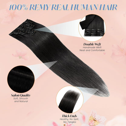 Echthaar Clip-In Extensions Schwarz #01 - 22 Zoll, 75g