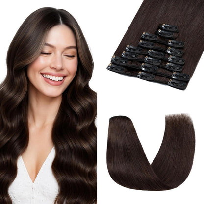 Clip-in Haarverlängerung Echthaar Dunkelbraun 20cm - 45g