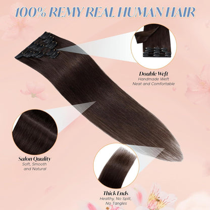 Clip-in Haarverlängerung Echthaar Dunkelbraun 20cm - 45g